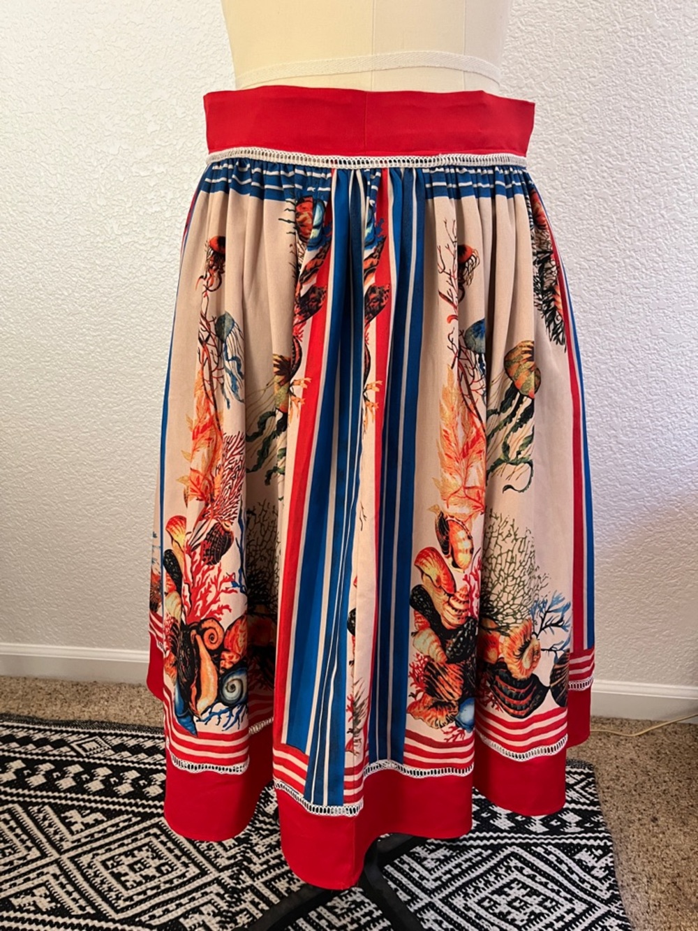Floral Reef Print Midi Skirt in Red and Blue